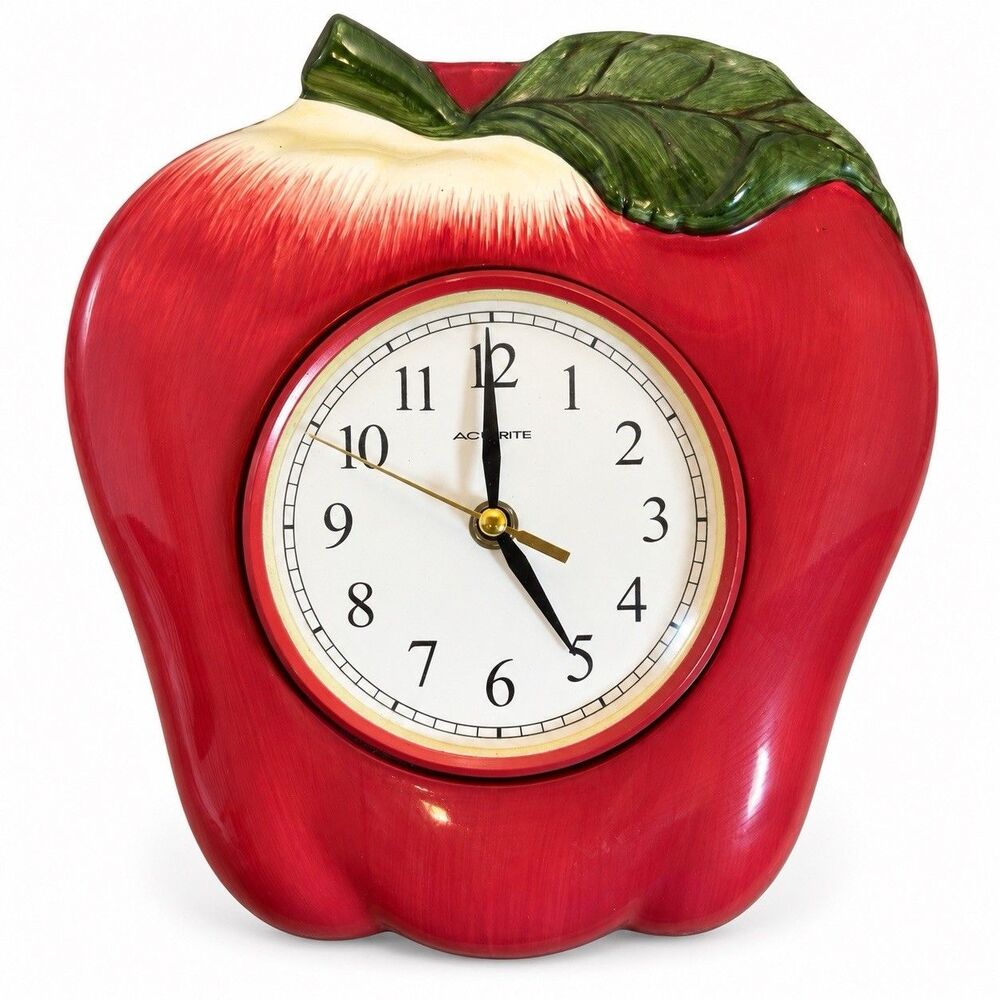 AcuRite Red Apple Fruit Novelty Analog Quartz Wall Clock 10in Arabic Numerals